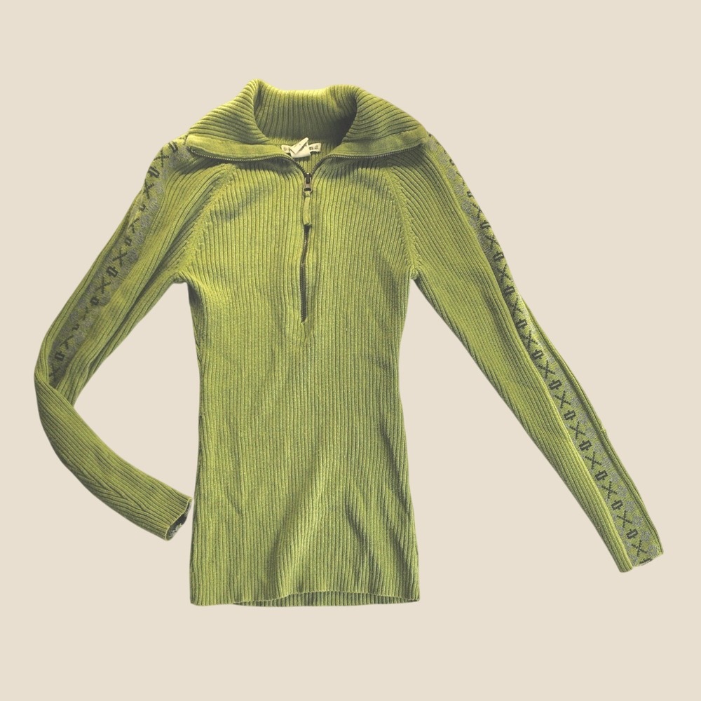 RuffHewn Womens Green Ribbed Quarter Zip Cotton Sweater Small Geometric Sleeves